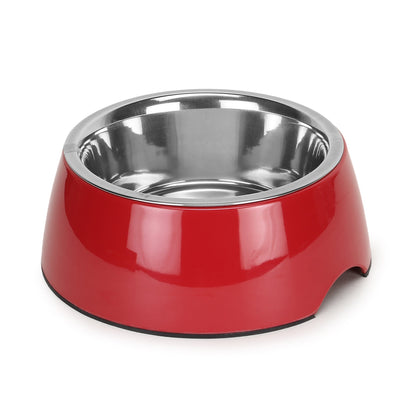Basil Solid Red Pet Feeding Bowl Set, Melamine and Stainless Steel