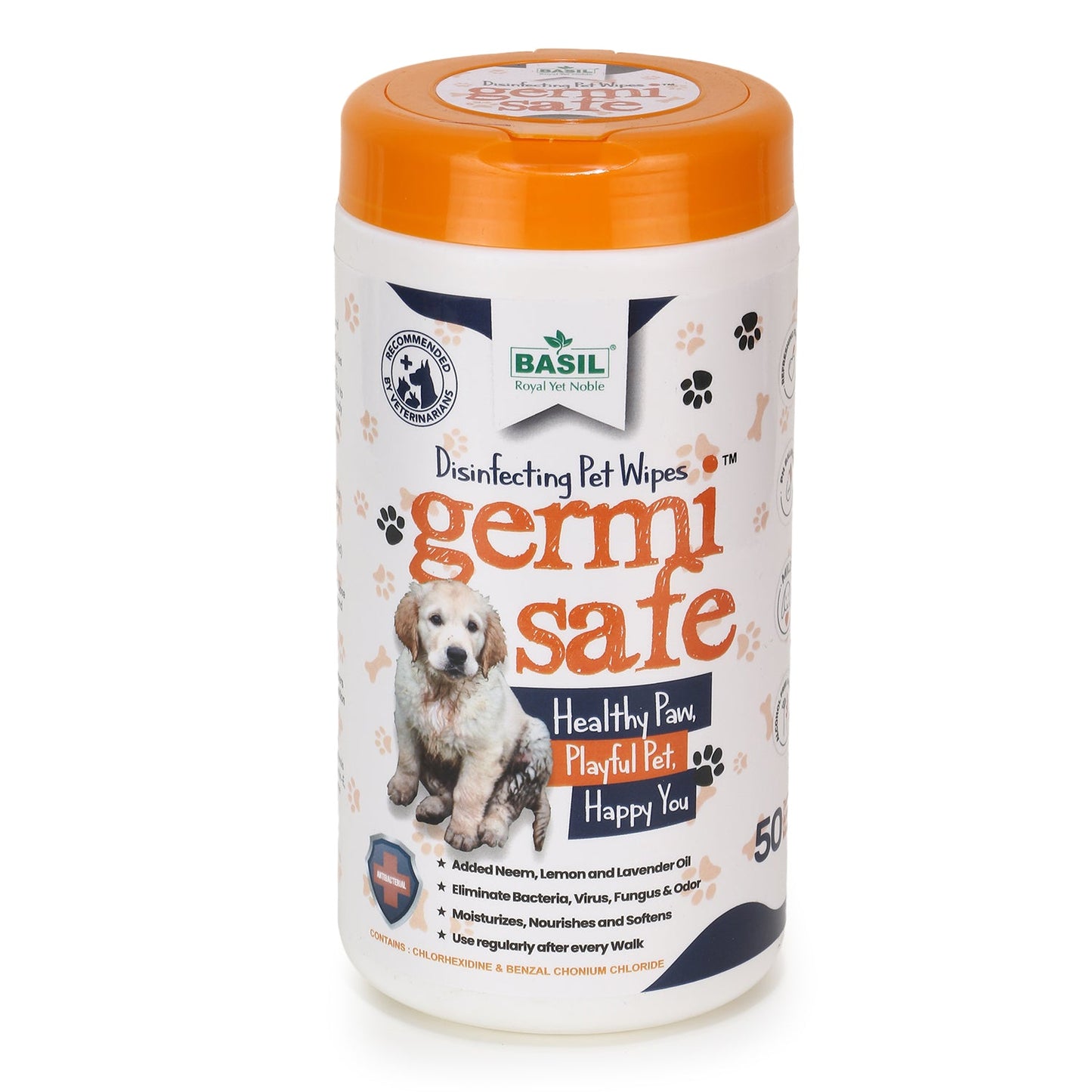 Basil Anti-Bacterial Pet Wipes for Dogs & Cats, 50 Wipes with Added Neem, Lemon and Lavender Oil