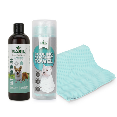Basil Anti-Dandruff Anti-Itch Shampoo with High Absorbent Towel for Dogs & Puppies