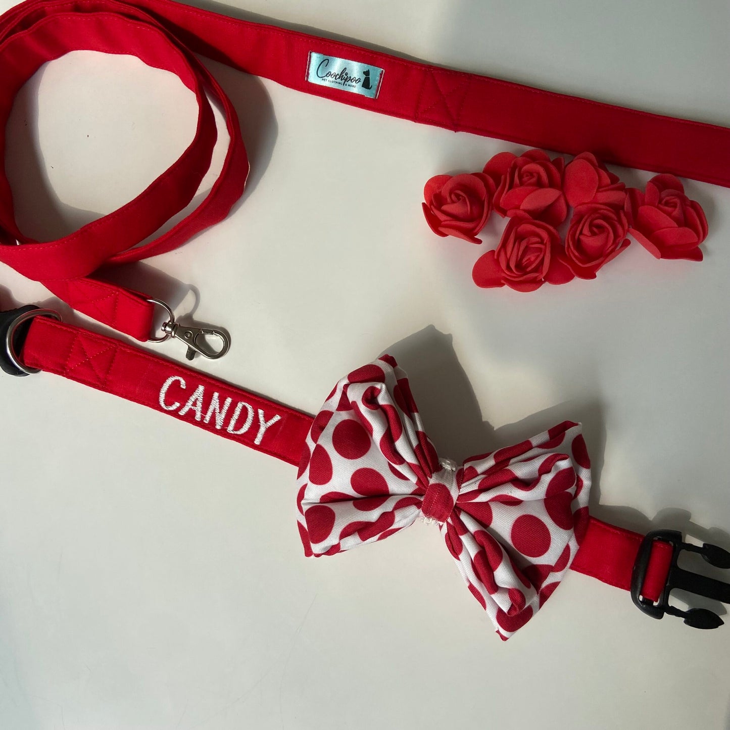 Coochipoo Leash & Collar set with Red Polka Bowtie for Dogs